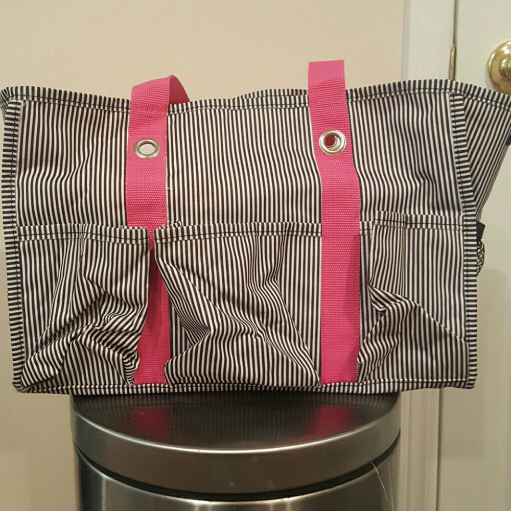 31 tote, black and white stripes with pink handles